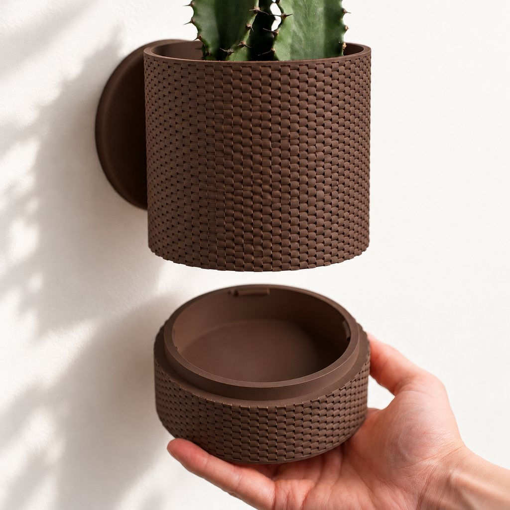 Hangende Bloempot Straight Weave – 4.5 Wall — Kleur: Dark Chocolate — digitale kleurvisualisatie op basis van LoftedGoods-foto; plant niet inbegrepen