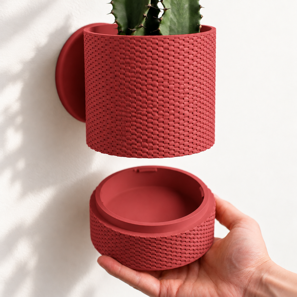 Hangende Bloempot Straight Weave – 4.5 Wall — Kleur: Donkerrood — digitale kleurvisualisatie op basis van LoftedGoods-foto; plant niet inbegrepen