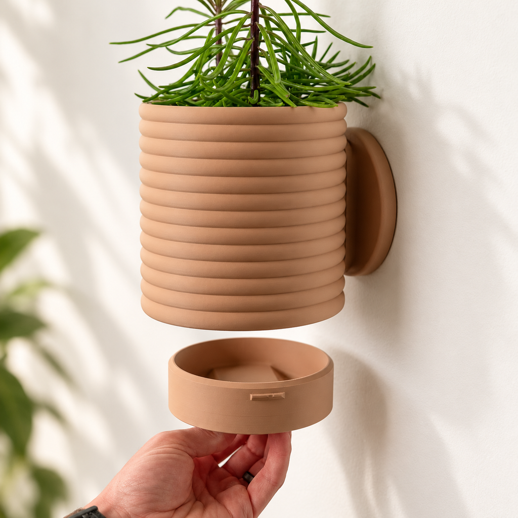 Hangende Bloempot Poppy 2 – 4.5 inch — Latte Brown; AI-retouche van originele LoftedGoods-foto op Thangs in Custom-3D-huisstijl; plant niet inbegrepen