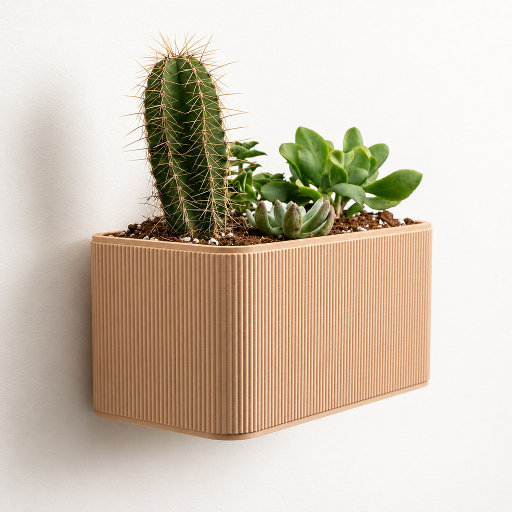 Hangende Bloempot Rechthoekig — Latte Brown; AI-retouche van originele LoftedGoods-foto op Thangs in Custom-3D-huisstijl; plant niet inbegrepen
