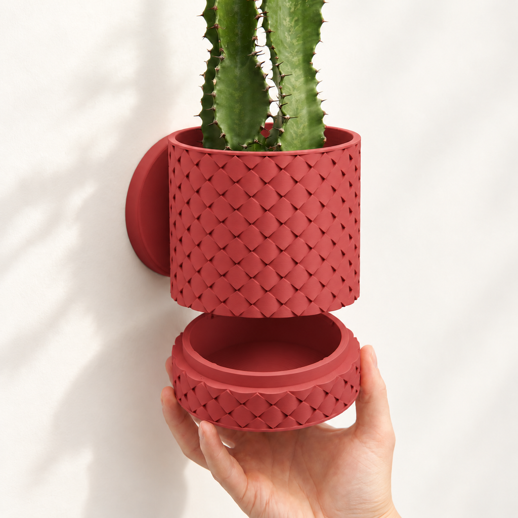 Hangende Bloempot Quilted – 4.5 Wall — Kleur: Donkerrood — digitale kleurvisualisatie op basis van LoftedGoods-foto; plant niet inbegrepen