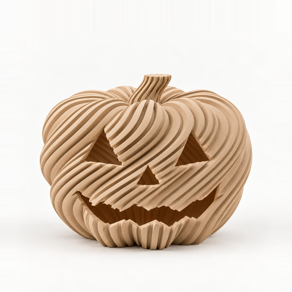 Gedraaide Halloweenpompoen voor led-theelicht — digitale studioweergave in de ontwerpkleur; geen fysieke kleurreferentie