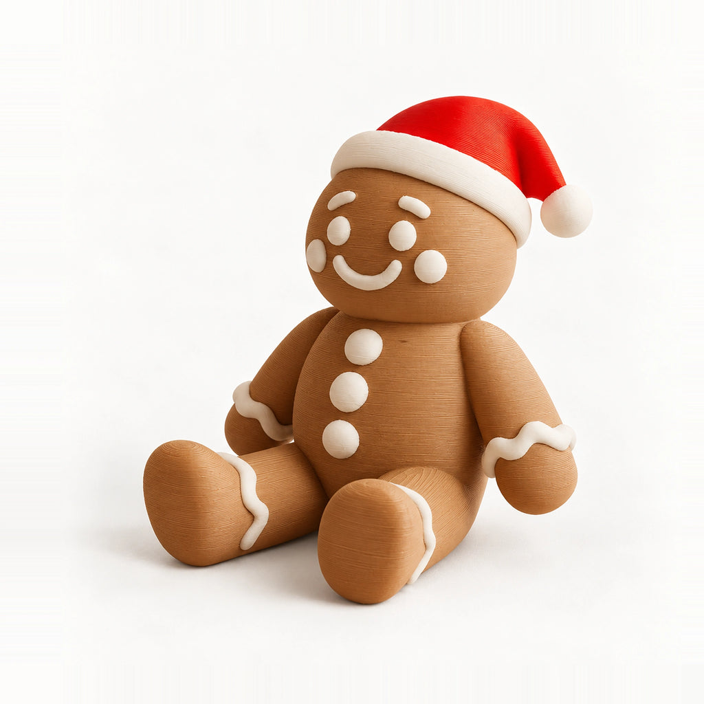 Zittend peperkoekmannetje met kerstmuts — digitale studioweergave in de ontwerpkleur; geen fysieke kleurreferentie